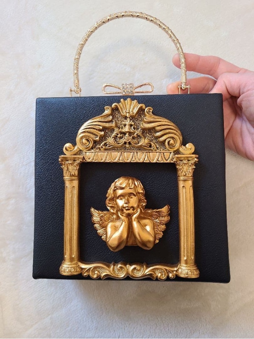 Vintage Black Box Handbag with Gold Cherub Accent